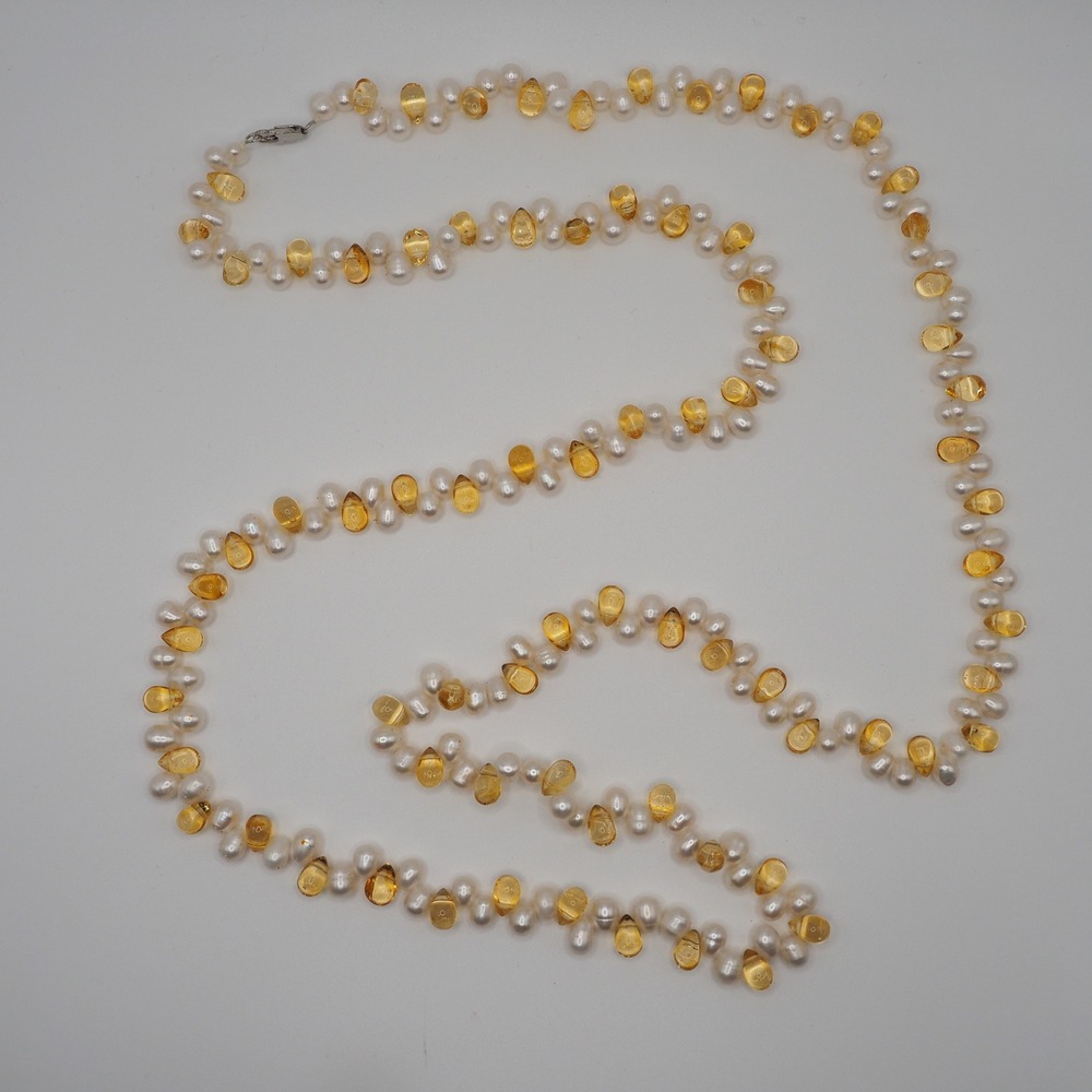 Artisan Necklace Teardrop Yellow Glass Bead White Faux Pearl Long Layering Boho